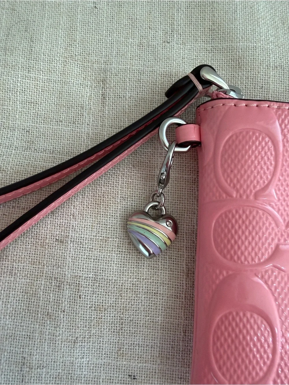 Coach Pink Corner Zip Signature Embossed Leather Wristlet with Heart Charm NWT
